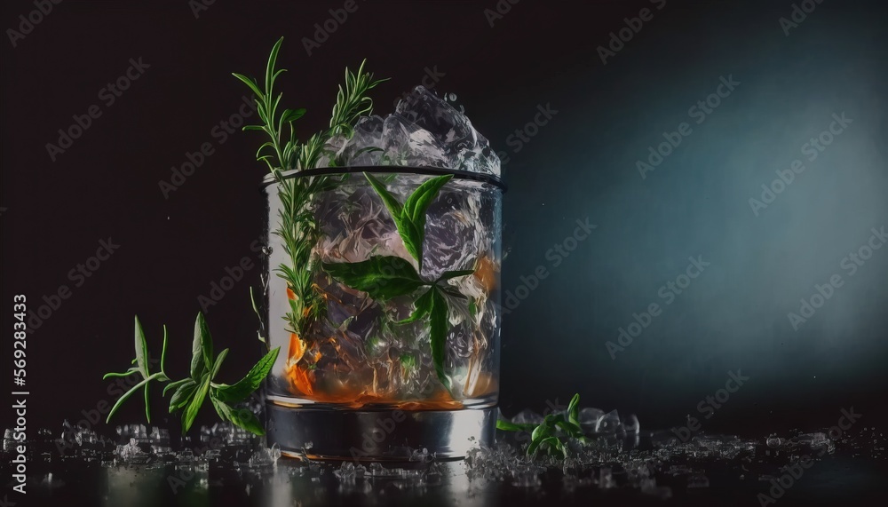Aufkleber a glass filled with ice and a plant on top of a table with ice cubes and a black background with a b