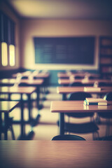 Empty defocused university classroom. generative ai. Business conference room. Blurred school classroom without students with empty chairs and tables - obrazy, fototapety, plakaty