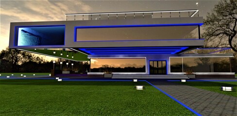 Walkway with blue glowing border on the lawn to the entrance of the advanced high tech house with glass illuminated facade. 3d rendering.