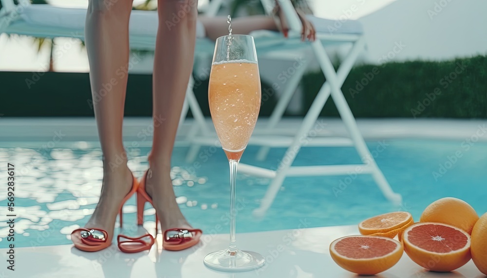Poster a woman standing next to a pool with a glass of wine and grapefruit on the side of the pool with ora