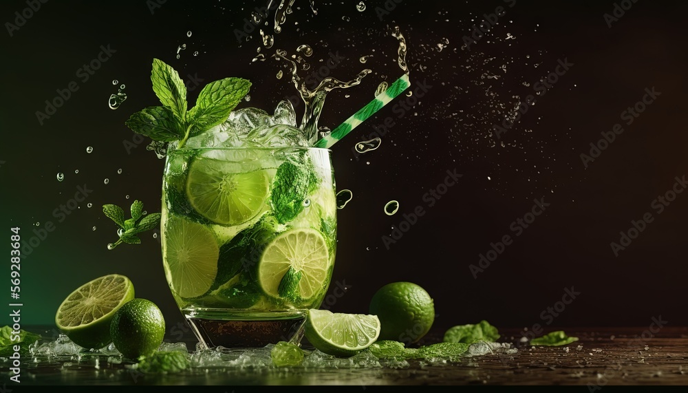 Aufkleber a glass of mojito with limes and mints on a table with water splashing on the glass and on the table