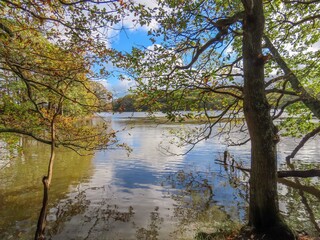 view of the River Hamble Hampshire England through Autumn coloured trees with the sky reflecting in the water