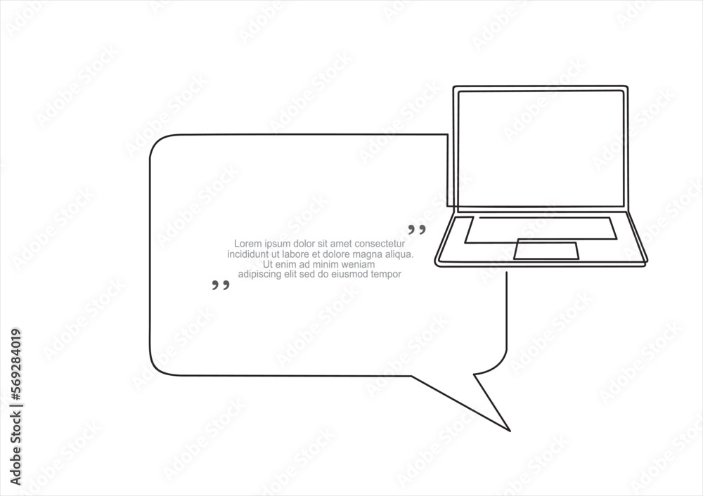Poster continuous one line drawing of laptop and speech bubble. trendy line art vector on a white backgroun