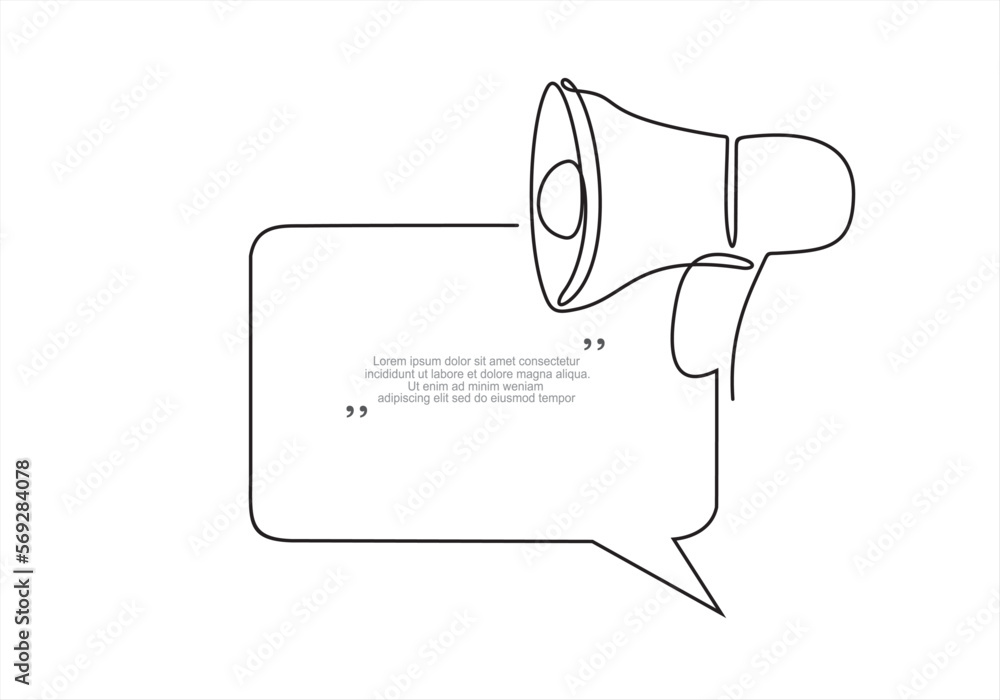 Poster continuous one line drawing of public horn speaker and speech bubble. trendy line art vector on a wh