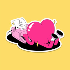 Cute funny flat love illustrations. Bright pink vector sticker pack with hearts with faces in love. Self love. Valentine's Day illustrations bundle. Love letter on the typewriter. 