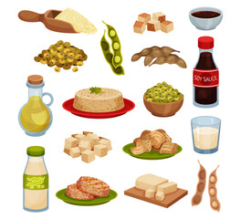 Soy bean products set. Tofu cheese, milk, soybean, tempeh, miso, oil. Vegan protein meal for healthy diet cartoon vector