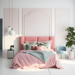 Cozy modern bedroom interior with pink bed and decoration room on a pink or white wall background, Generative AI
