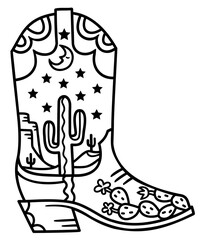Cowboy boot cactus and stars decoration. Vector hand drawn illustration of Cowboy boot with cactus and night moon decor printable black outline style design. 
Cowgirl wild west boots for print or colo