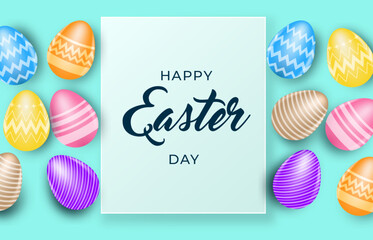 Happy easter day lettering on blue card decorated  with easter eggs