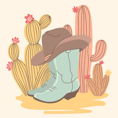 Cowboy boots and cactuses vector American Countryside illustration. Vintage Western color illustration cowboy boots and hat in tender colors style. Vector Country farm cowboy symbol.