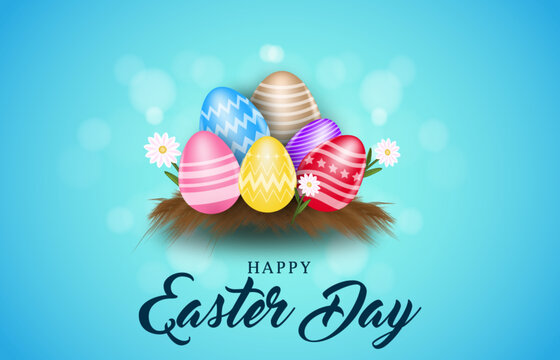 Happy easter day easter eggs colorful different on egg nest with isolated flowers.
