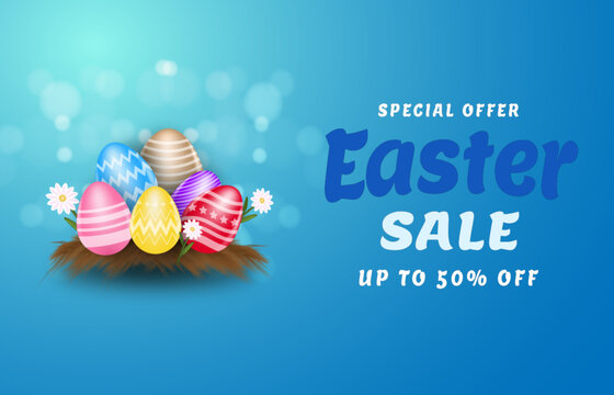 easter sale banner. easter eggs colorful different on egg nest discount offer template
