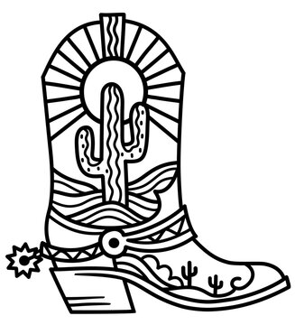 Cowboy boot cactus decoration. Vector hand drawn illustration of Cowboy boot with cactus and sun decor printable black outline style design. Cowgirl wild west boots for print or coloring book