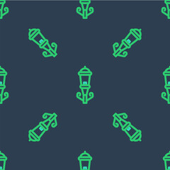 Line Vintage street light icon isolated seamless pattern on blue background. Vector