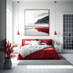 Cozy modern bedroom interior with red bed and decoration room on a red or white wall background, Generative AI
