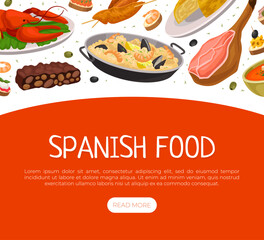 Spanish food landing page template. Delicious traditional dishes of Spain such as paella, jamon, gaspacho web banner, website cartoon vector