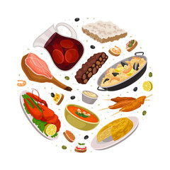 Delicious traditional dishes of Spain in round shape. Sangria, paella, jamon, gazpacho Spanish cuisine dishes banner, poster, card design template cartoon vector