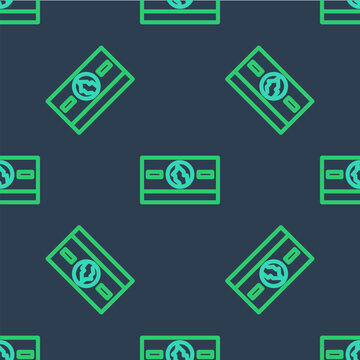 Line Stacks paper money cash icon isolated seamless pattern on blue background. Money banknotes stacks. Bill currency. Vector