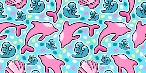 Marine pattern with pink dolphins, vacation, vector seamless pattern in the style of doodles, hand draw