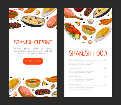 Spanish food menu template set. Delicious traditional dishes of Spain web banner, landing page, flyer, card, business promote cartoon vector