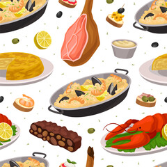 Spanish food seamless pattern. Delicious traditional dishes of Spain repeating print for wallpaper, wrapping paper, textile, package design cartoon vector