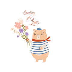 Sending you love. Cute bear with flowers. Valentine's day card concept. Vector Illustration