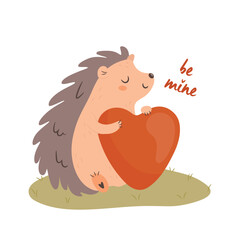 Cute hedgehog holding big heart. Be mine lettering. Valentine's day card concept. Vector Illustration