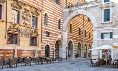 Fototapeta na wymiar The Captain's Palace facade at Piazza dei Signori, Verona city, Veneto region, northern Italy, September 9, 2021