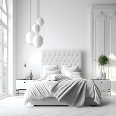 Cozy modern bedroom interior with white bed and decoration room on a white or white wall background, Generative AI
