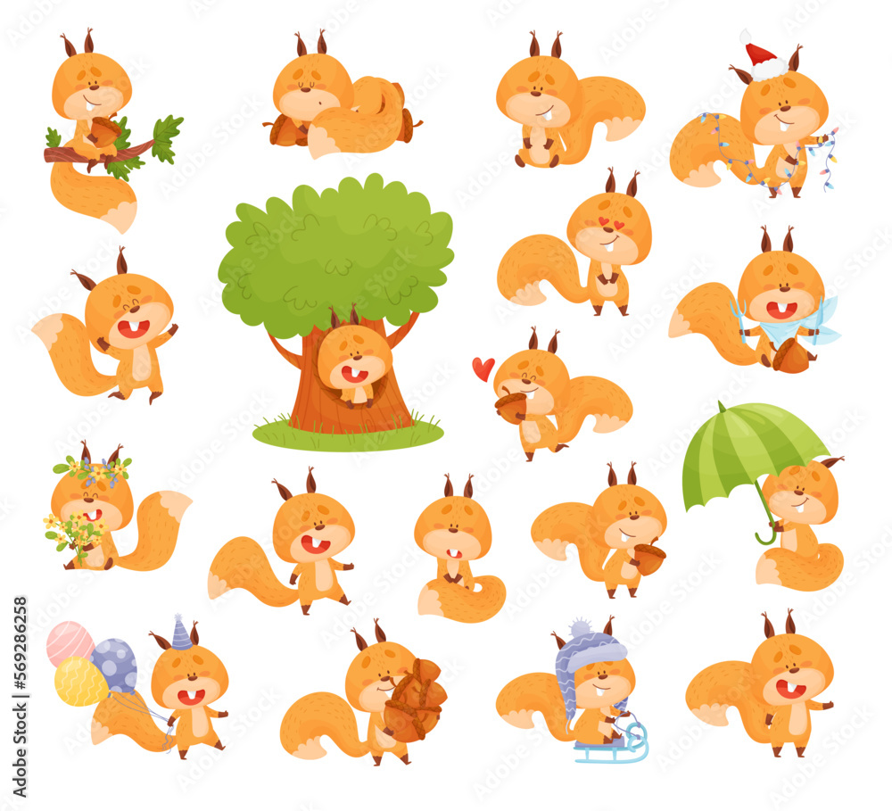 Poster cute squirrel character with bushy tail engaged in different activity big vector set