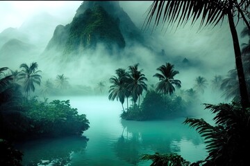 A mysterious island surrounded by fog.  - obrazy, fototapety, plakaty