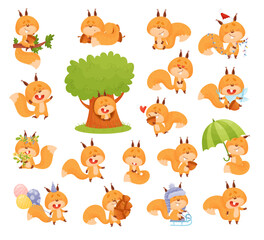 Cute Squirrel Character with Bushy Tail Engaged in Different Activity Big Vector Set