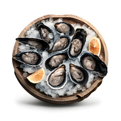 Succulent Seafood: Fresh Black Oysters on Ice in Wooden Plate on White Background
