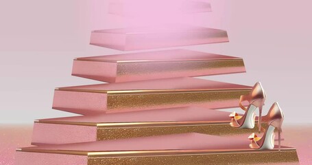 luxury women's rhinestone high-heeled shoes walk up the golden steps, stop motion animation, loop 4K - Powered by Adobe