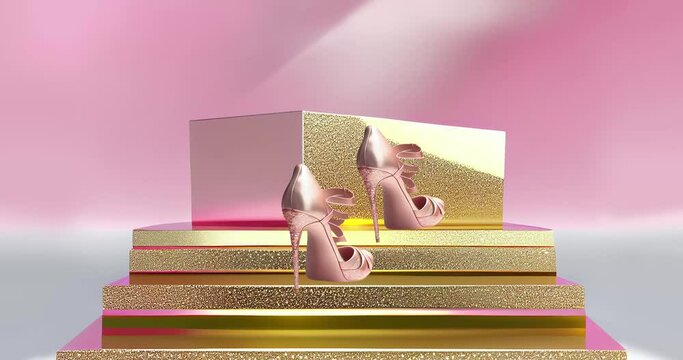 
luxury women's rhinestone high-heeled shoes climb the golden steps up and get the golden statuette, stop motion animation, 4K loop