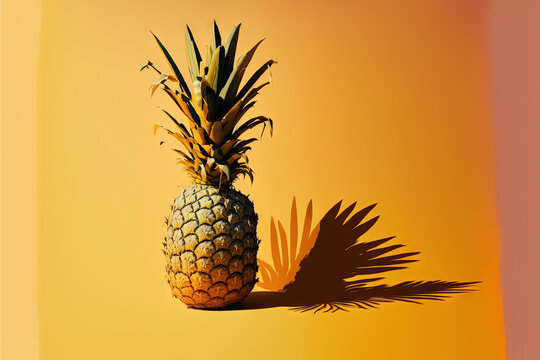  a pineapple is casting a shadow on a yellow and pink background with a shadow of a palm tree on the right side of the image.  generative ai