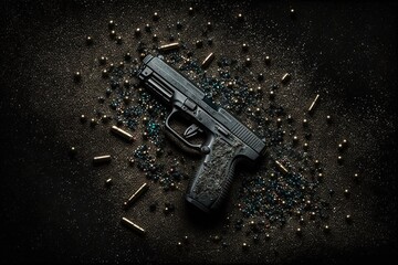  a gun surrounded by bullet shells on a black background with a few bullet shells scattered around the gun and the rest of the gun is laying on the ground.  generative ai - obrazy, fototapety, plakaty