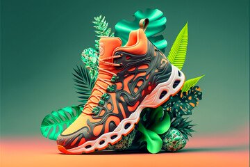 3d rendering super realistic shoes with botanical elements. Generative AI background