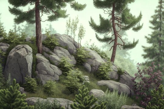  a painting of a rocky hillside with trees and bushes on the side of the hill and rocks on the other side of the hill and a few bushes and trees on the other side.  generative ai
