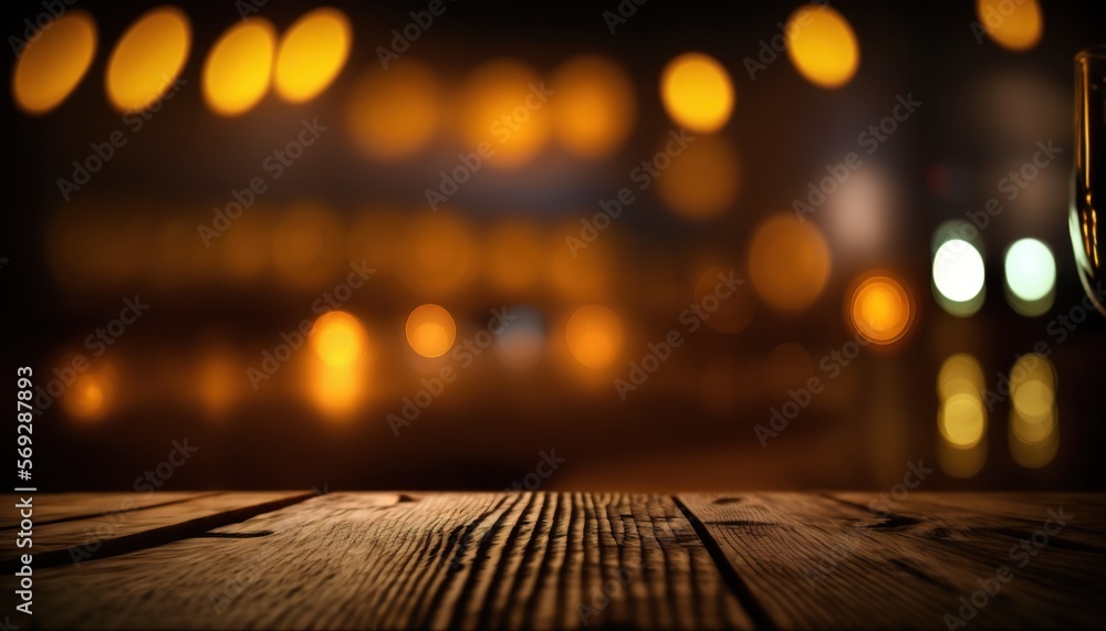 Aufkleber a wooden table with a blurry background of lights in the background and a glass of wine on the table