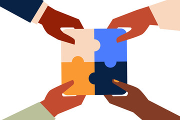 Hands of dark skinned group of people solving a problem. Concept of cooperation, unity, togetherness, partnership, agreement, teamwork, social community or movement. Flat cartoon vector illustration
