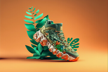 3d rendering super realistic shoes with botanical elements. Generative AI background