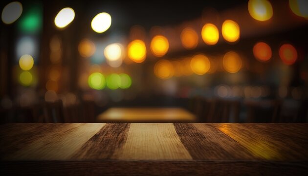  a wooden table top with blurry lights in the backround of the room in the backround of the room in the background.  generative ai
