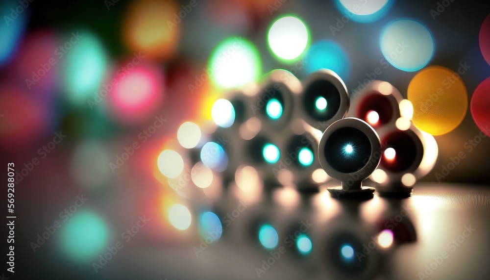 Poster a close up of a row of lights on a table with blurry lights in the back ground and a black backgroun