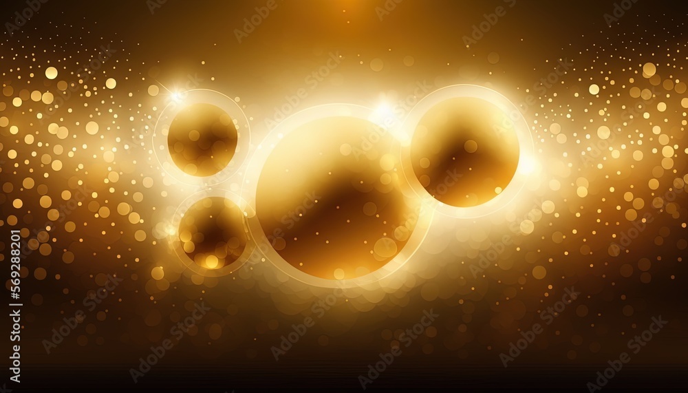 Poster a golden background with shiny balls and sparkles on it, with a black background and a gold spot in 