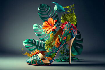 Obraz premium 3d rendering super realistic shoes with botanical elements. Generative AI background