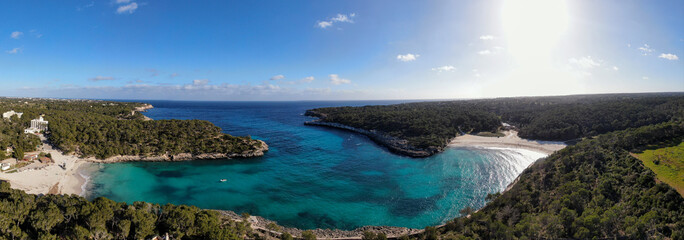 Panoramic view of Cala Mondragon  in Majorca. Beautiful scene of the seacost with a blue sea and Mediterranean landscape