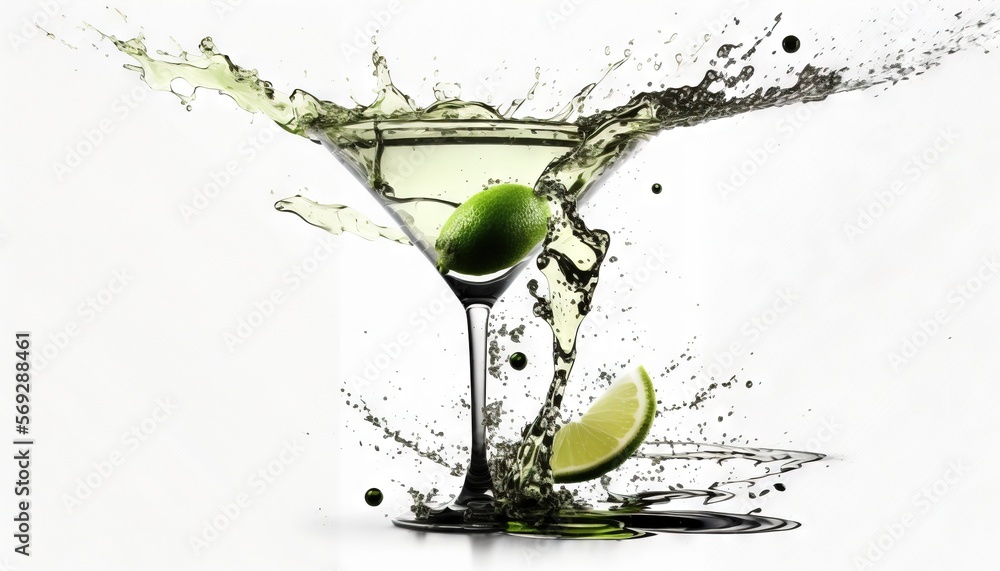 Poster a martini glass filled with a lime and a lime slice splashing out of the top of the glass with a lim