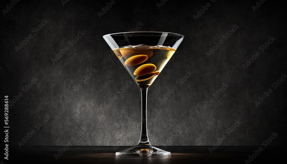 Poster a glass of wine with an orange peel in it on a dark background with a shadow of a glass with a liqui