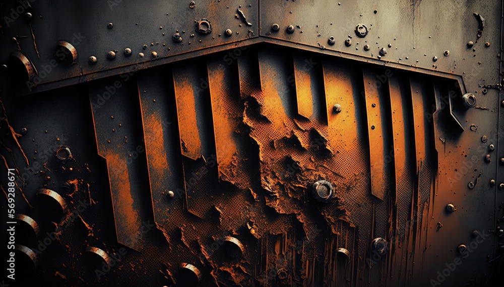 Poster a rusted metal structure with rivets and rivets on it's sides and a yellow light on the side of the 